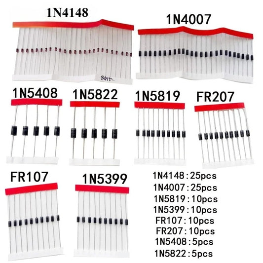 100pcs 8 Values Fast Switching Schottky Diode Assorted Kit 1N4148 1N4007 1N5819 1N5399 1N5408 1N5822 FR107 FR207