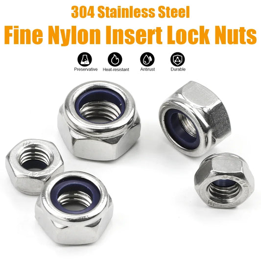 JUIDINTO Fine Thread Pitch Hex Nylon Insert Locknut M6 M8 M10 M12 M14 M16 M18 M20 Stainless Steel Fine Thread Hexagon Lock Nut