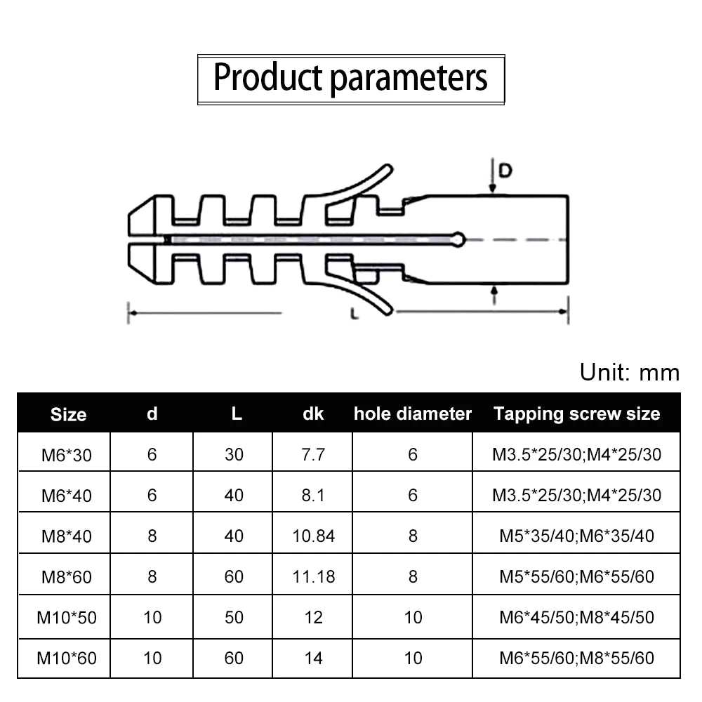 Plastic Expansion Anchors Yellow Ribbed Expansion Tube M6 M8 M10 Nylon Rubber Plug Anchors for Self-tapping Screw
