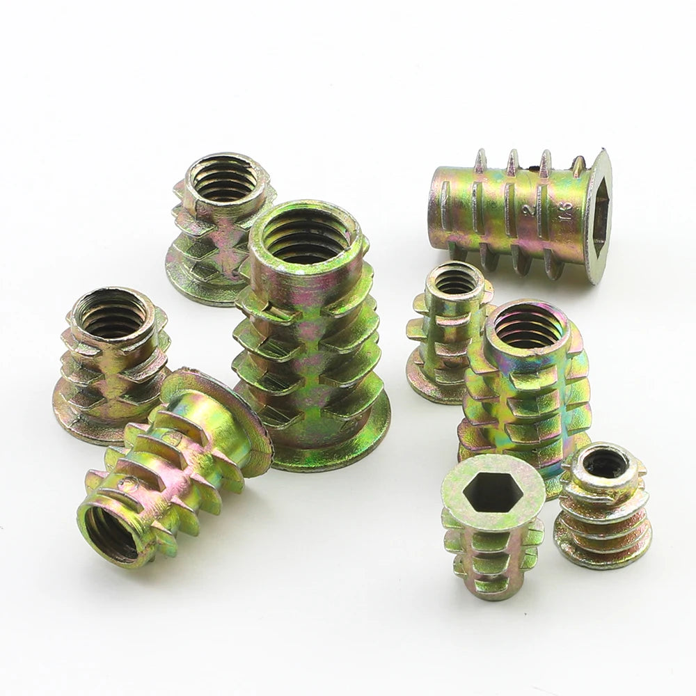 JUIDINTO 10/20/30pcs Thread Insert Nut for Wood Yellow Zinc M4 M5 M6 M8 M10 Flanged Hex Drive Head Furniture Nuts Connector