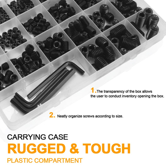 407pcs/set Hexagon Socket Cup Point Set Screw Assortment Kit 12.9 Carbon Steel M5 M6 M8 M10 Allen Headless Grub Screw Kit