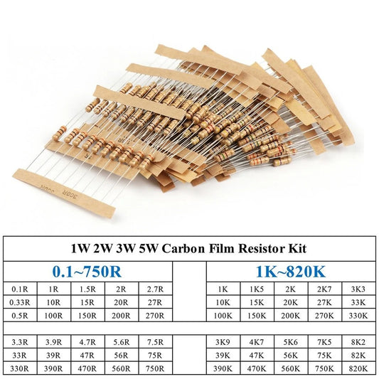 1W 2W 3W 5W Carbon Film Resistor Rang Assortment Kit Set Resistors Kit Ohm Color Ring Resistance 0.1~750R 1K~820K