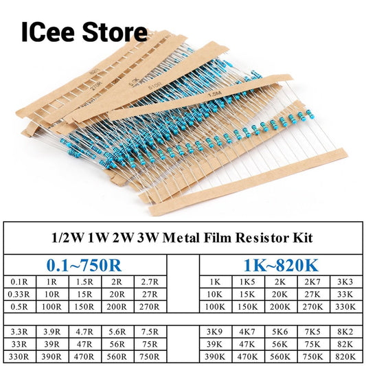 1/2W 1/4W 1W 2W 3W 30Value Metal Film Resistor Kit Rang Carbon 5% Resistors Assortment Kit Set 0.1~750R 1K~820K