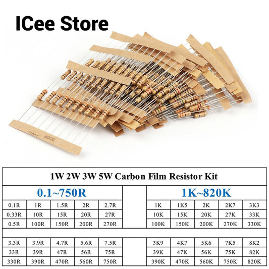 1W 2W 3W 5W Carbon Film Resistor Rang Assortment Kit Set Resistors Kit Ohm Color Ring Resistance 0.1~750R 1K~820K