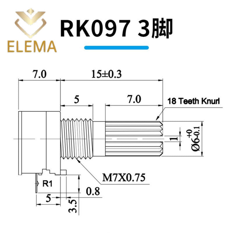 5PCS Industrial Switch RV097G RK097N Audio switch 3/5/6/8 pin B5K/B10K/B20K/B50K/B100K/B500K amplifier sealing potentiometer Shaft length 15mm
