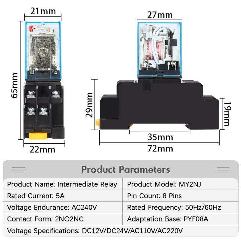 8Pin MY2NJ Relay Coil General DPDT Micro Mini Electromagnetic Relay Switch with Socket Base LED AC 220V DC 12V 24V