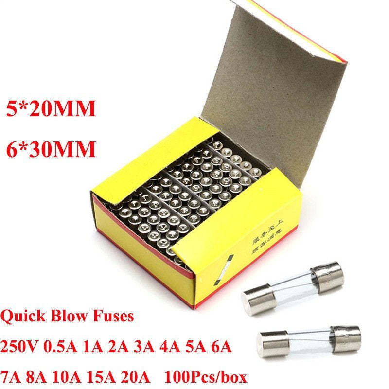Fast Blow Insurance Tube 5*20MM GLASS Quick Blow FUSE 5*20 6*30 250V 0.5A 1A 2A 3A 4A 5A 6A 7A 8A 10A 15A 20A