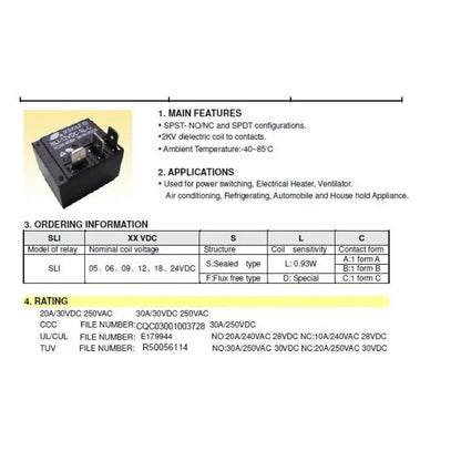 Original SLI Relay SLI-05VDC-SL-A SLI-12VDC-SL-A SLI-24VDC-SL-A 5V 12V 24V 30A HF2160 4Pin Power Relay New