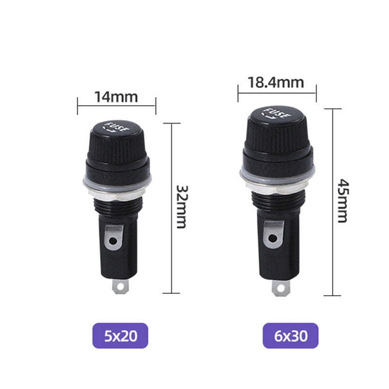 5Pcs 10A 250V Glass Fuse Holders 5x20 6x30 Black Insurance Tube Socket Panel Mount Fuse Socket Copper