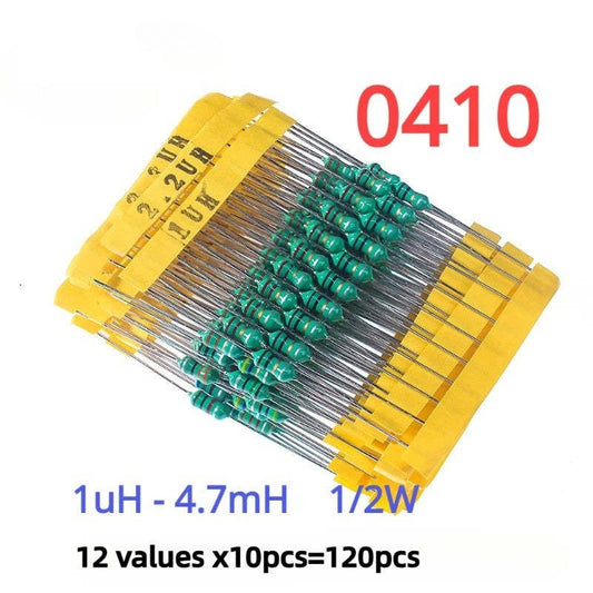 120Pcs 1/2W 0410 Color Ring Inductor Set DIP 12 Values 1UH 4.7UH 6.8UH 10UH 22UH 47UH 68UH 100UH 220UH 330UH 470UH 1MH Each 10pcs Inductor Assorted Set Kit
