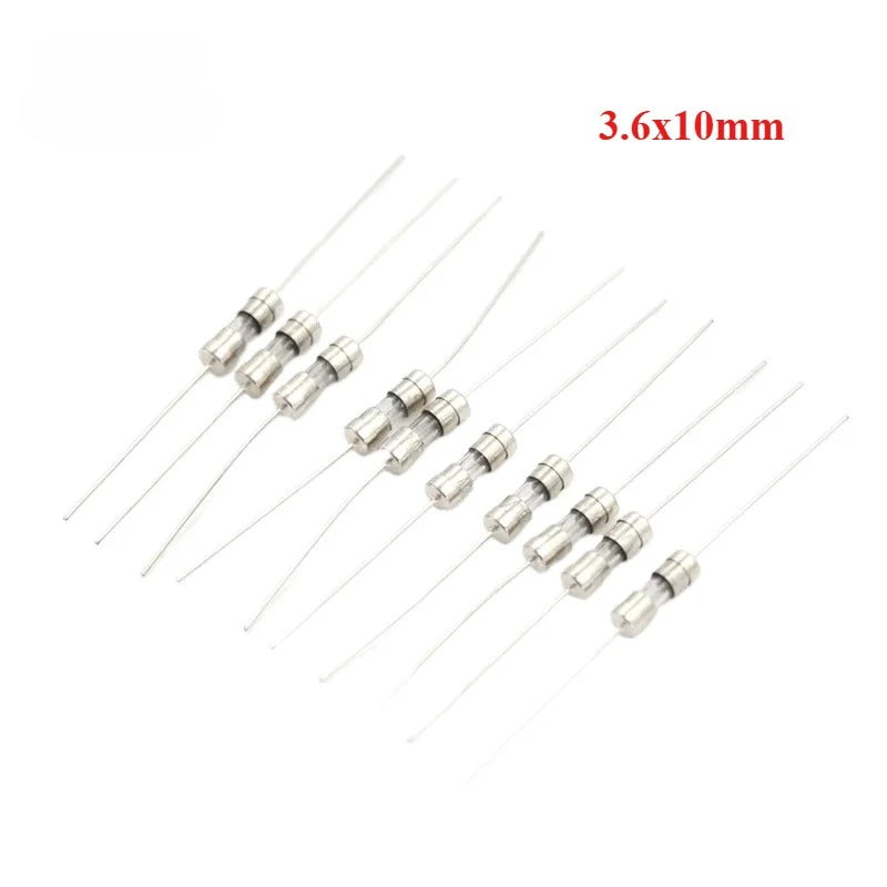 20pcs 3.6x10mm Axial Lead Glass Fuse Tube 0.5A/1A/1.5A/2A/2.5A/3A/3.15A/4A/5A/6.3A/10A Overcurrent Protection