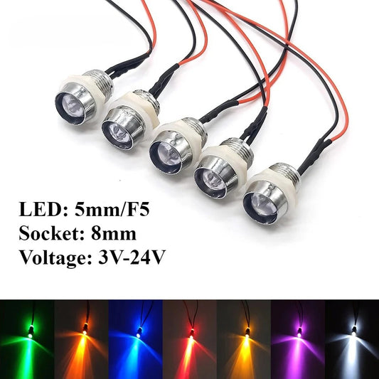 5Pcs 5mm LED with Wire Socket Pre-Wired LEDs Bulb 5V 12V 24V Emitting LED Diode with 20cm Wire Signal Indicator Lights 8mm Panel Mount