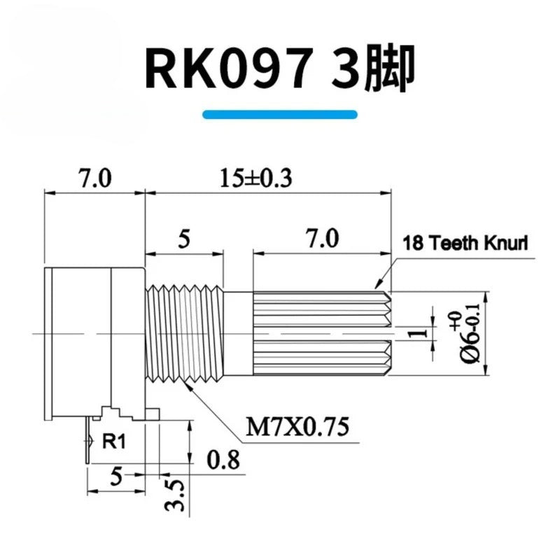 5PCS Industrial Switch RV097G RK097N Audio switch 3/5/6/8 pin B5K/B10K/B20K/B50K/B100K/B500K amplifier sealing potentiometer Shaft length 15mm