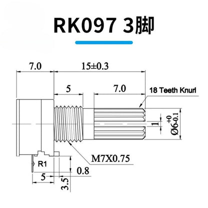 5PCS Industrial Switch RV097G RK097N Audio switch 3/5/6/8 pin B5K/B10K/B20K/B50K/B100K/B500K amplifier sealing potentiometer Shaft length 15mm
