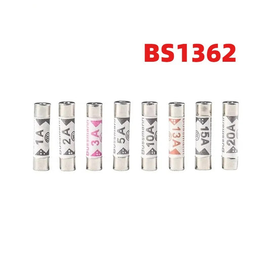 20Pcs BS1362 British Plug Fuse 1A 2A 3A 5A 10A 13A 15A 20A 6X25mm Ceramic Fuse Tube