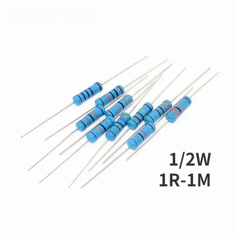 50Pcs 1/2W Metal Film Resistor 1% 1R-1M 1R 10R 100R 1K 4.7K 10K 1M Ohm Resistance