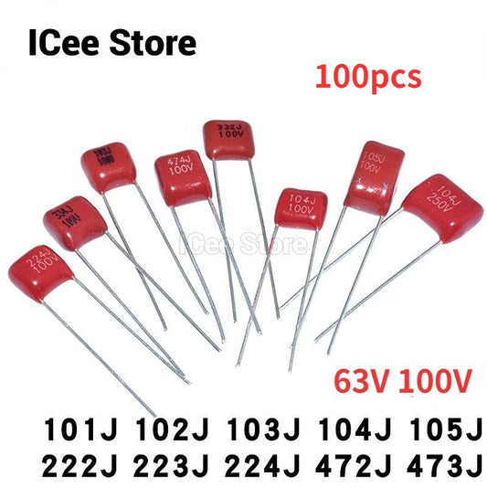 100Pcs CBB Capacitors P5 63V 100V 102J 472J 103J 223J 473J 104J 474J 105J 224J CBB Capacitor P=5MM