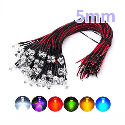 10Pcs 20cm 5MM LED with wire Ultra-Bright Light Emitting Diode 5V-12V for Model Decorations, Toy Cars & Indicator Lights