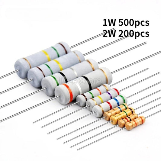 500Pcs Carbon Film Resistor 1W 2W 5% 1R-1M 1R 10R 22R 47R 51R 100R 1K 2K 4.7K 10K 22K 47K 100K