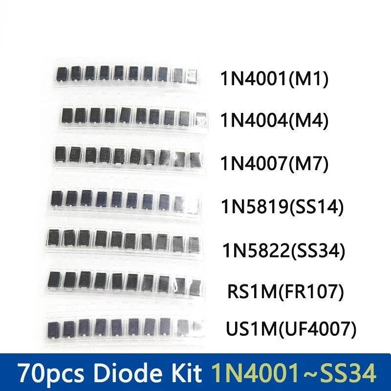 70Pcs SMD Diodes Set 1N4007 M7 1N4001 M1 1N4004 M4 SS14 US1M RS1M SS34 7 Values*10pcs Electronic Kit Schottky Diode Set Pack