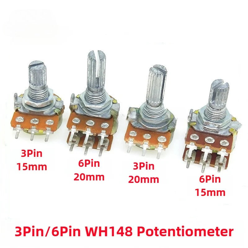 5PCS WH148 Potentiometer 3Pin 6Pin 15mm 20mm Shaft with Nuts and Washers Linear Potentiometers B1K B2K B5K B10K B20K B50K B100K B500K B1M