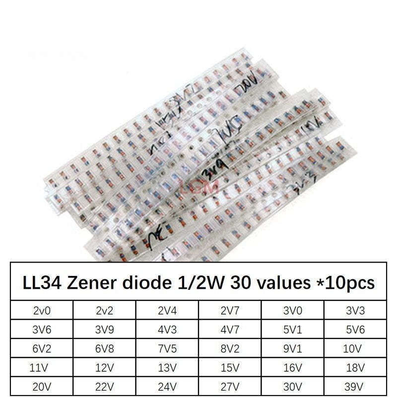 300Pcs LL34 1/2W 2V-39V SMD Zener Diode Set Package 30Values *10pcs=300pcs Assorted Kit