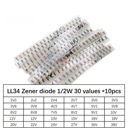 300Pcs LL34 1/2W 2V-39V SMD Zener Diode Set Package 30Values *10pcs=300pcs Assorted Kit