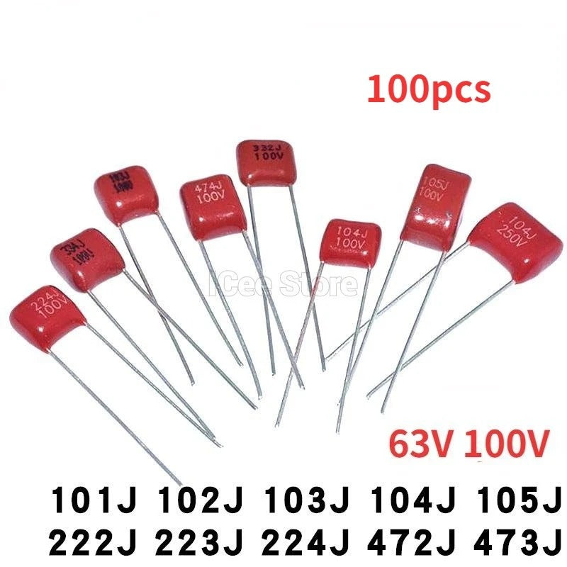 100Pcs CBB Capacitors P5 63V 100V 102J 472J 103J 223J 473J 104J 474J 105J 224J CBB Capacitor P=5MM