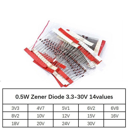 140Pcs 1/2W 0.5W Regulator 3.3V-24V 14values Zener Diode Assorted Assortment Set New Electronic Diy Kit 4V7 5V1 8V2 15V