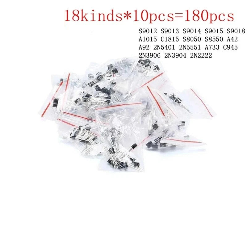 180Pcs  TO-92 18 Values Transistor Assorted Kit 2N2222 S9013 S9014 S9015 S9018 S8050 S8550 5551 5401 2N3904 2N3906 C1815