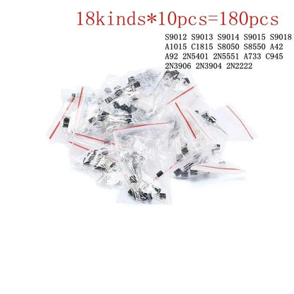 180Pcs  TO-92 18 Values Transistor Assorted Kit 2N2222 S9013 S9014 S9015 S9018 S8050 S8550 5551 5401 2N3904 2N3906 C1815