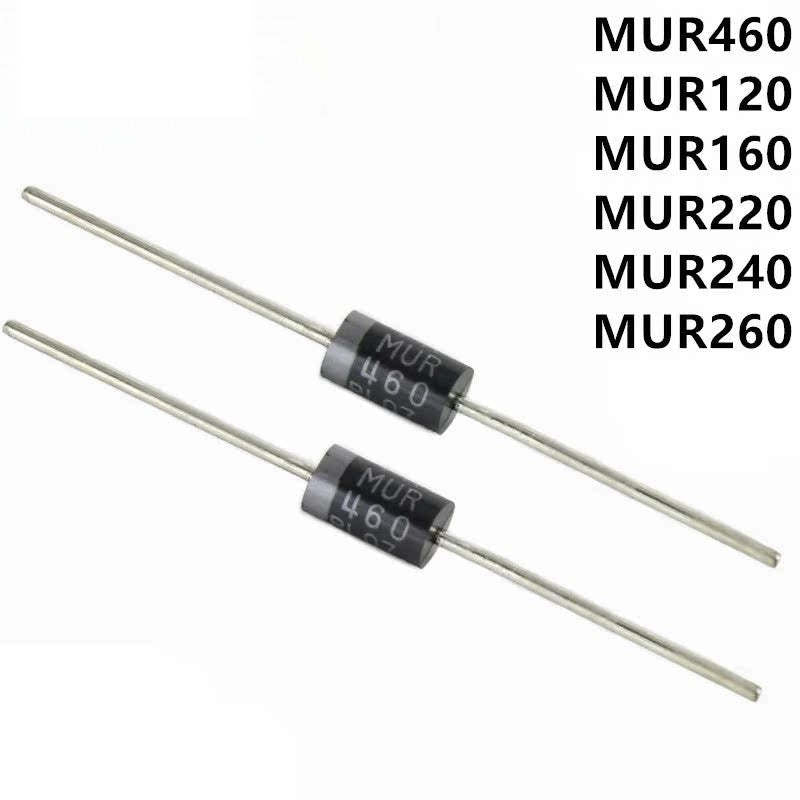 50Pcs MUR Series Fast Recovery Diodes MUR120/MUR160/MUR220/MUR240/MUR260/MUR460 1A/2A/4A 200V 400V 600V High-Frequency Rectification DO-41