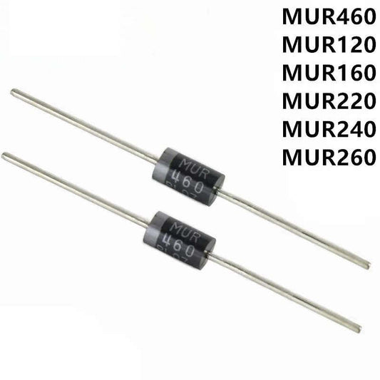50Pcs MUR Series Fast Recovery Diodes MUR120/MUR160/MUR220/MUR240/MUR260/MUR460 1A/2A/4A 200V 400V 600V High-Frequency Rectification DO-41