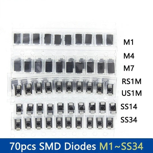 70Pcs SMD Diodes Set 1N4007 M7 1N4001 M1 1N4004 M4 SS14 US1M RS1M SS34 7 Values*10pcs Electronic Kit Schottky Diode Set Pack