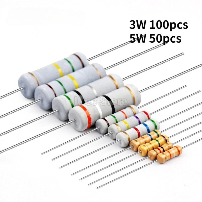 100Pcs Carbon Film Resistor 3W 5W 5% 1R-1M 1R 10R 22R 47R 51R 100R 1K 2K 4.7K 10K 22K 47K 100K