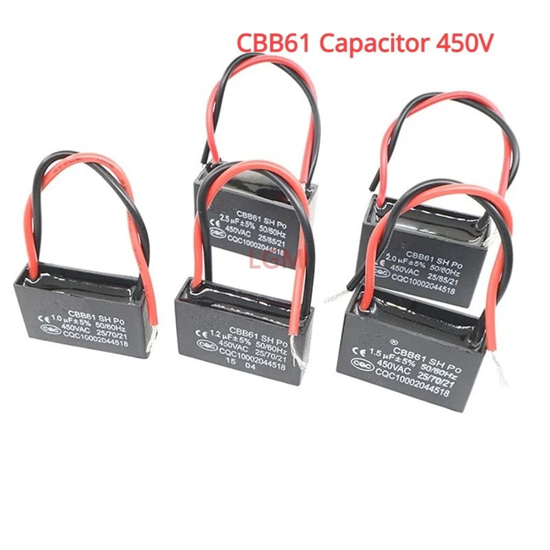 CBB61 450V Fan Starting Capacitor 0.8UF 1UF 1.2UF 1.5UF 1.8UF 2UF 2.2UF 2.5UF 2.7UF 3UF 3.5UF 4UF 4.5UF 5UF 6UF 7UF 8UF 10UF 12UF 14UF 15UF 16UF
