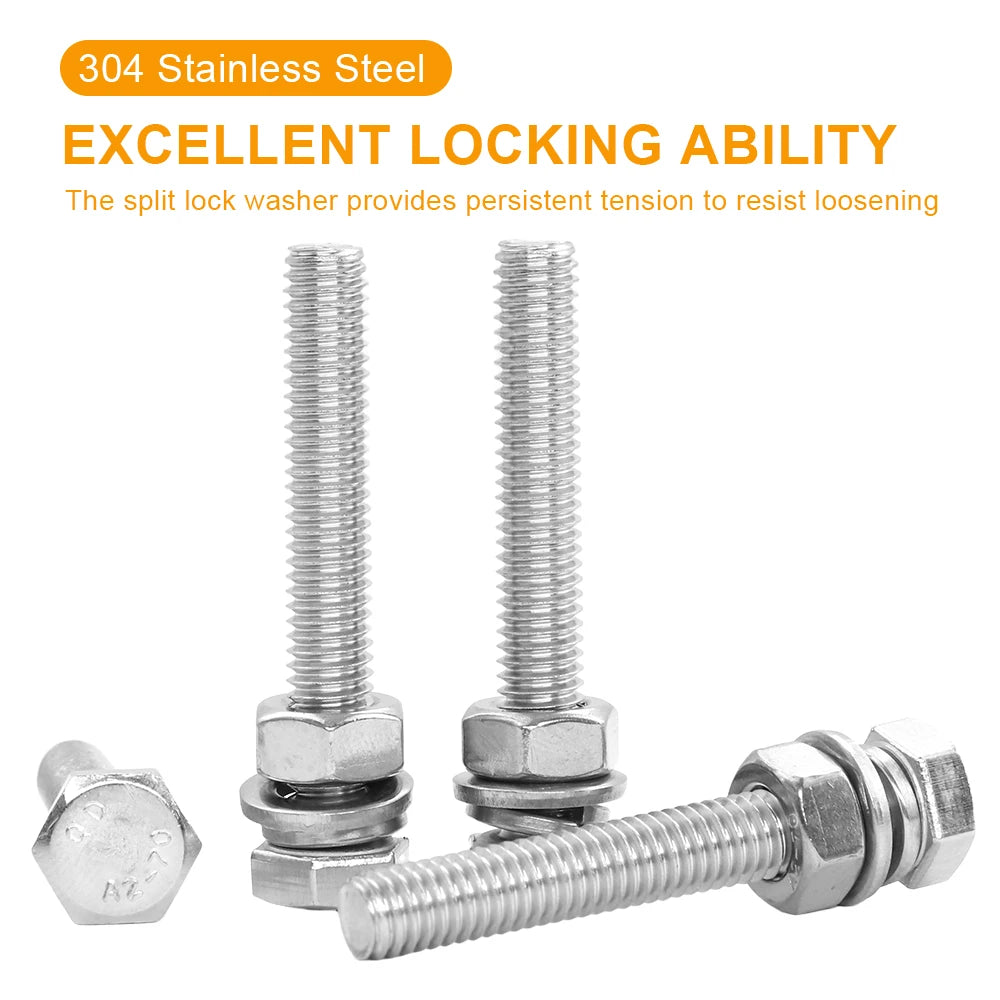 1-5sets Hex Bolt Nuts Set and Flat & Spring Lock Washer 304 Stainless Steel M3 M4 M5 M6 M8 Hexagon Head Combination Screws