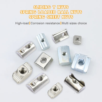 5-10pcs T Block Sliding Nut M3 M5 M6 M8 Zinc/Nickel Plated Roll in Spring T-nut with Ball for 20 30 40 45 Aluminum Profile Slot
