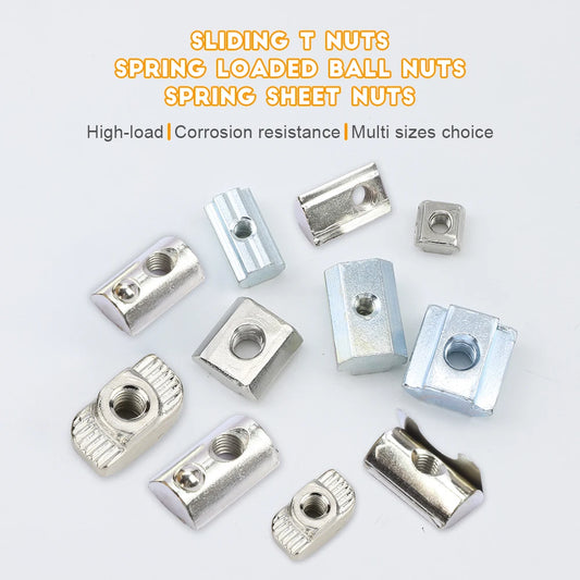 5-10pcs T Block Sliding Nut M3 M5 M6 M8 Zinc/Nickel Plated Roll in Spring T-nut with Ball for 20 30 40 45 Aluminum Profile Slot