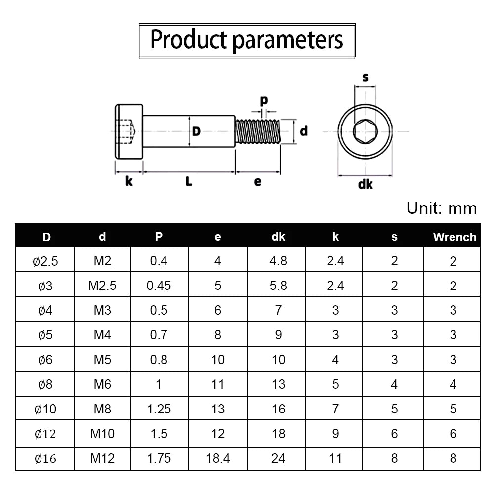 JUIDINTO 1-20pcs 304 Stainless Steel Shoulder Screws Hex Socket Bolts M2 M2.5 M3 M4 M5 M6 M8 M10 Shoulder Bolt for Machinery Use