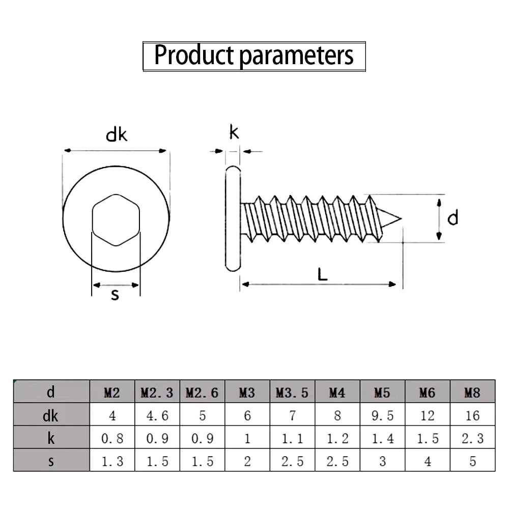 10-50pcs Hex Socket Ultra Thin Flat Head Self Tapping Screw Stainless Steel M2 M3 M4 M5 M6 Super Low Wafer Head Tapping Screw