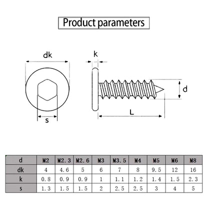 10-50pcs Hex Socket Ultra Thin Flat Head Self Tapping Screw Stainless Steel M2 M3 M4 M5 M6 Super Low Wafer Head Tapping Screw