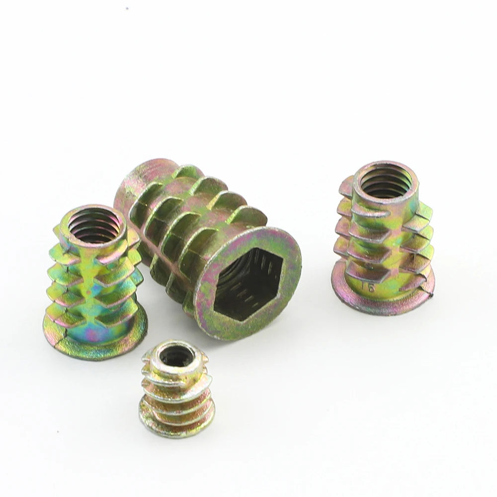 JUIDINTO 10/20/30pcs Thread Insert Nut for Wood Yellow Zinc M4 M5 M6 M8 M10 Flanged Hex Drive Head Furniture Nuts Connector