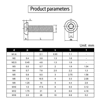 10-50pcs 12.9 Grade Hex Socket Button Head Cap Screws M1.6 M2 M2.5 M3 M4 M5 M6 M8 Nickel Plated Allen Bolts Machine Screws