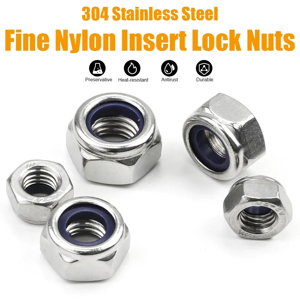 JUIDINTO Fine Thread Pitch Hex Nylon Insert Locknut M6 M8 M10 M12 M14 M16 M18 M20 Stainless Steel Fine Thread Hexagon Lock Nut