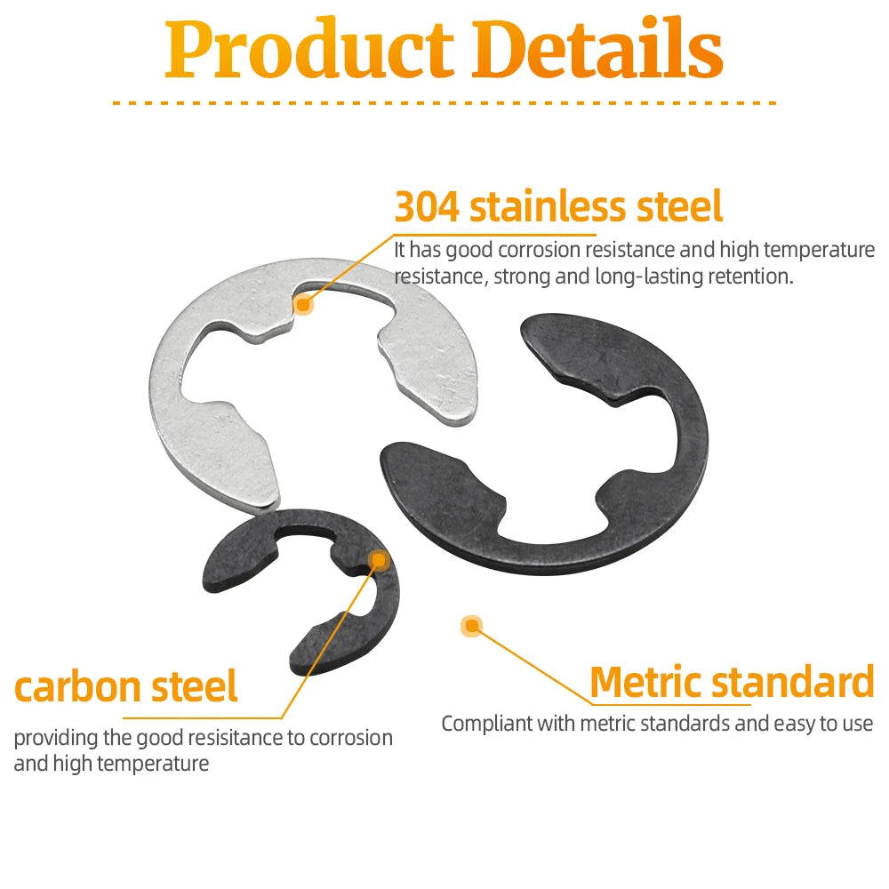 External Retaining Ring E Clip Kit M1.2 M2 M3 M4 M5 M6 M8 M10 M12 Stainless Steel Carbon Steel Circlip Snap Ring Assortment Set