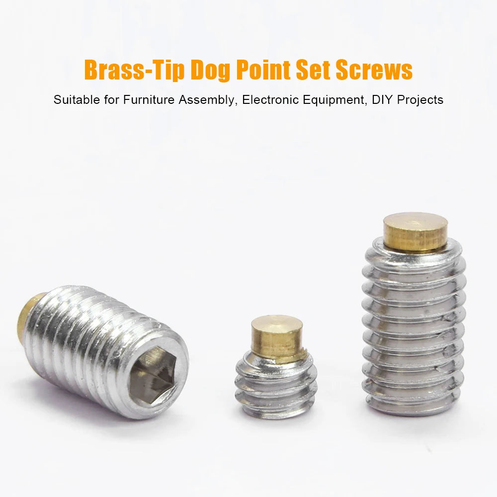 JUIDINTO 1-20PCS/bag 304 Stainless Steel Hex Socket Set Screws with Brass Tip M3 M4 M5 M6 M8 M10 M12 M16 Allen Grub Screws