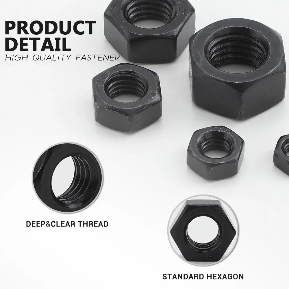 JUIDINTO 1-55pcs Black Hex Nuts M2 M2.5 M3 M4 M5 M6 8 M10 M12 M14 M16 M18 M20 M22 M24 M27 Carbon Steel Metric Hexagon Nuts