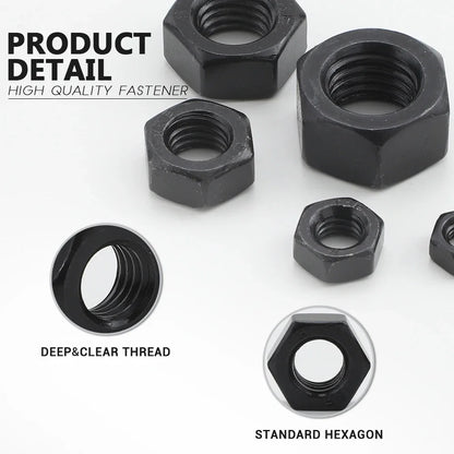 JUIDINTO 1-55pcs Black Hex Nuts M2 M2.5 M3 M4 M5 M6 8 M10 M12 M14 M16 M18 M20 M22 M24 M27 Carbon Steel Metric Hexagon Nuts
