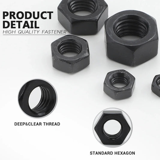 JUIDINTO 1-55pcs Black Hex Nuts M2 M2.5 M3 M4 M5 M6 8 M10 M12 M14 M16 M18 M20 M22 M24 M27 Carbon Steel Metric Hexagon Nuts